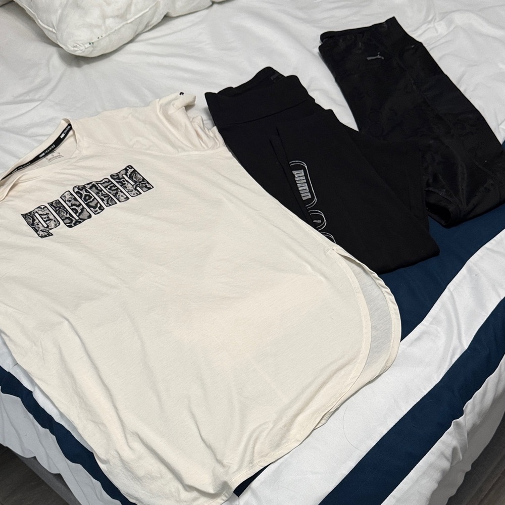 PUMA Cream Graphic Tee and (2) PUMA Black Leggings Set. Sz M and Adjustable Cap